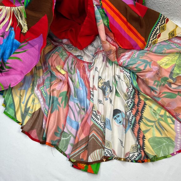 Farm Rio Anthropologie Palila Fringed Midi Sun Dress Beaded Multicolor Satin L - Picture 12 of 14